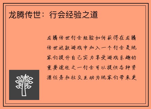 龙腾传世:行会经验之道